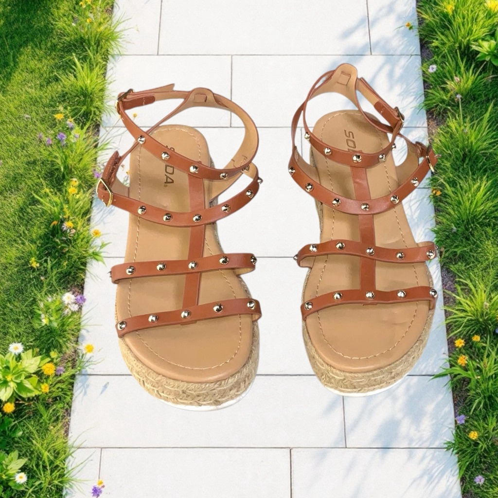 Soda Somehow Wedge Platform Brown Ankle Strap Buckle Sandals W Gold Studs Wm 9